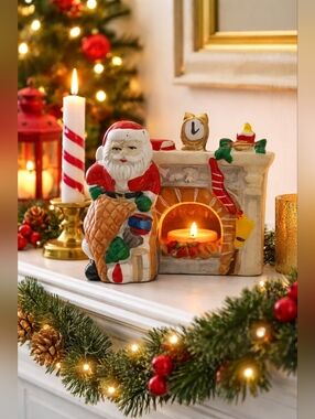 Vintage Ceramic Santa Fireplace Candle Holder NEW w/ Box Candle Included